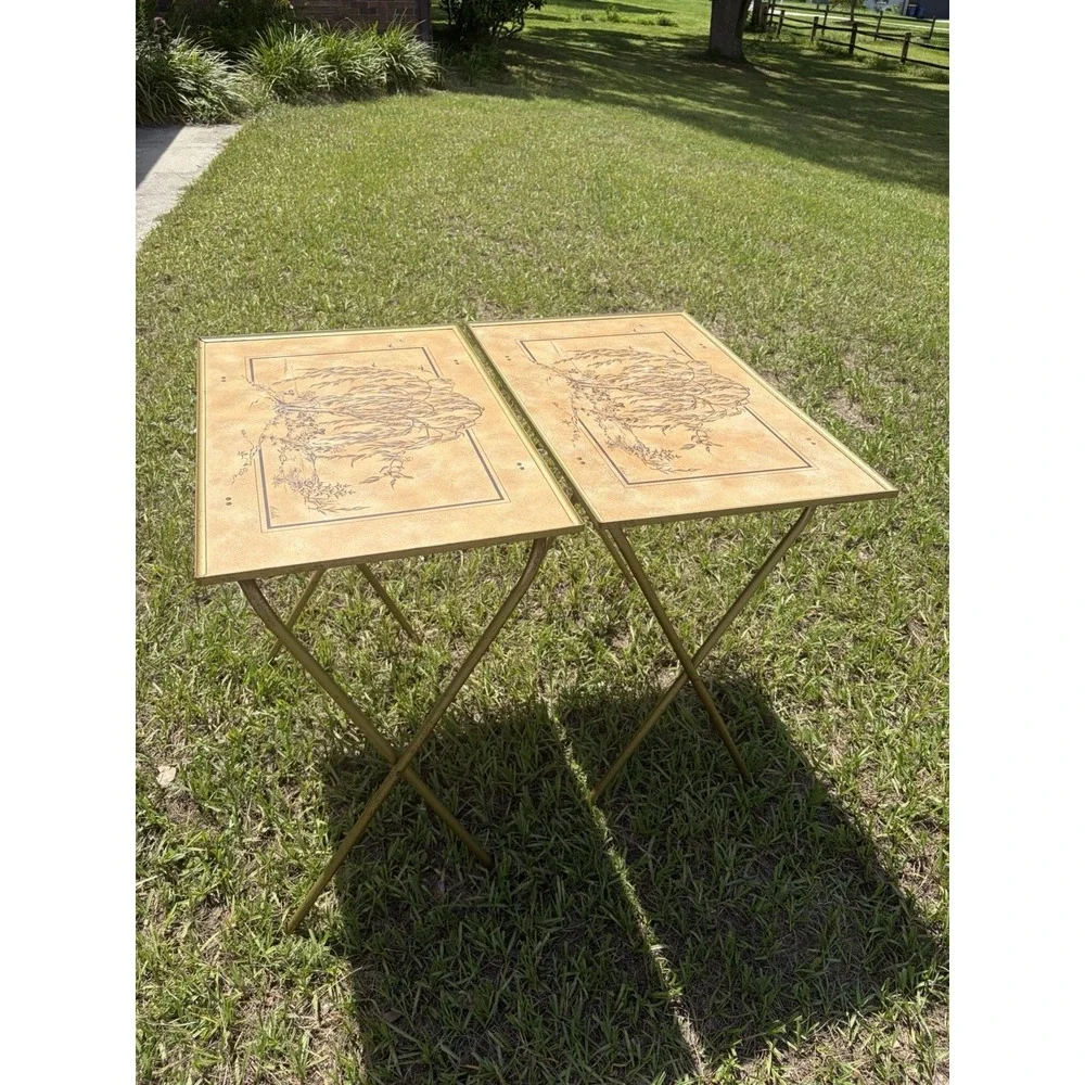 Vtg Lavada Weeping Willow Trees Mid Century Metal Tv Tray Tables Stands Set of 2